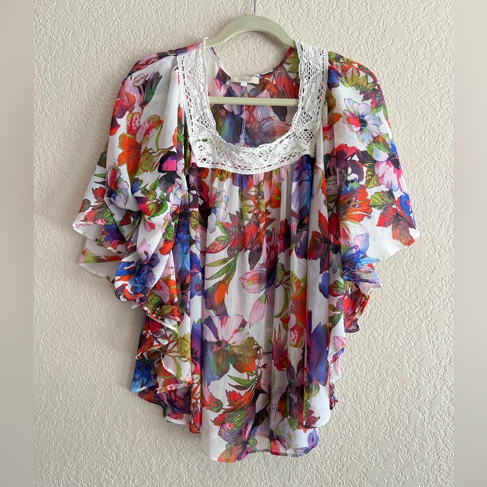 Floral Multicolor Women's Top with Crochet Detail